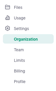 OpenAI api platform: Organization menu in settings section