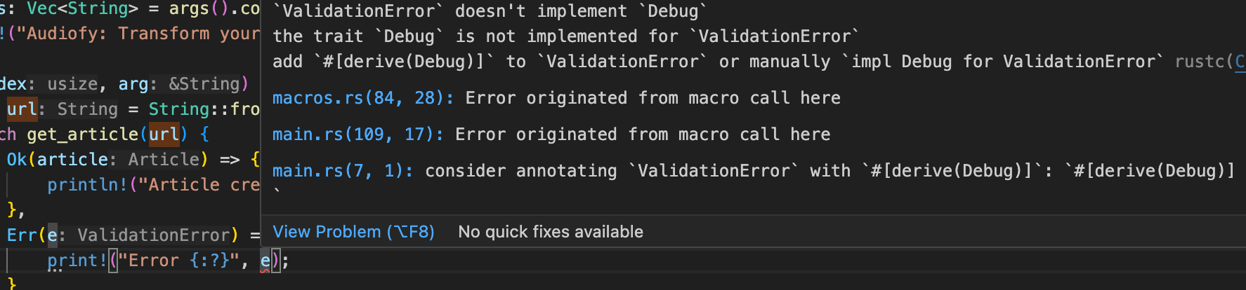 Rust error: ValidationError doesn't implement Debud