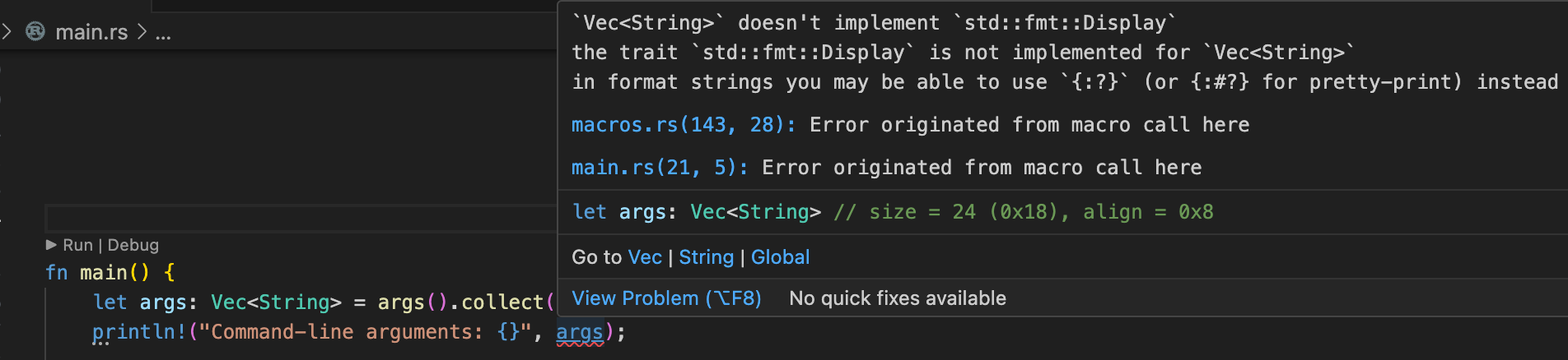 Rust error when using println! with a vector